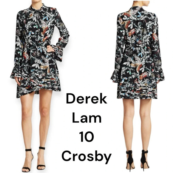 DEREK LAM size 6 Bell-Sleeve Black Multicolor Floral Silk Dress